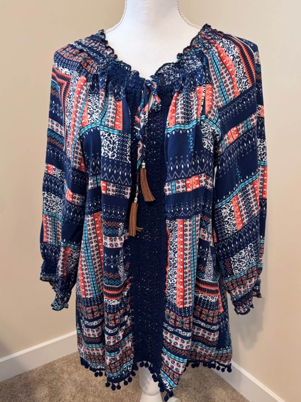 new directions Navy Tunic with Teal and Coral Accents